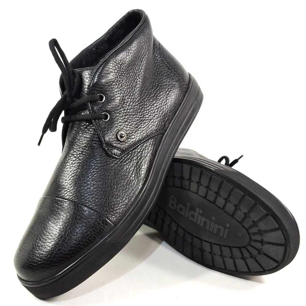 BALDININI 🇮🇹 MEN'S BLACK SOFT DEER LEATHER WINTER FUR LINING FLAT BOOTIE